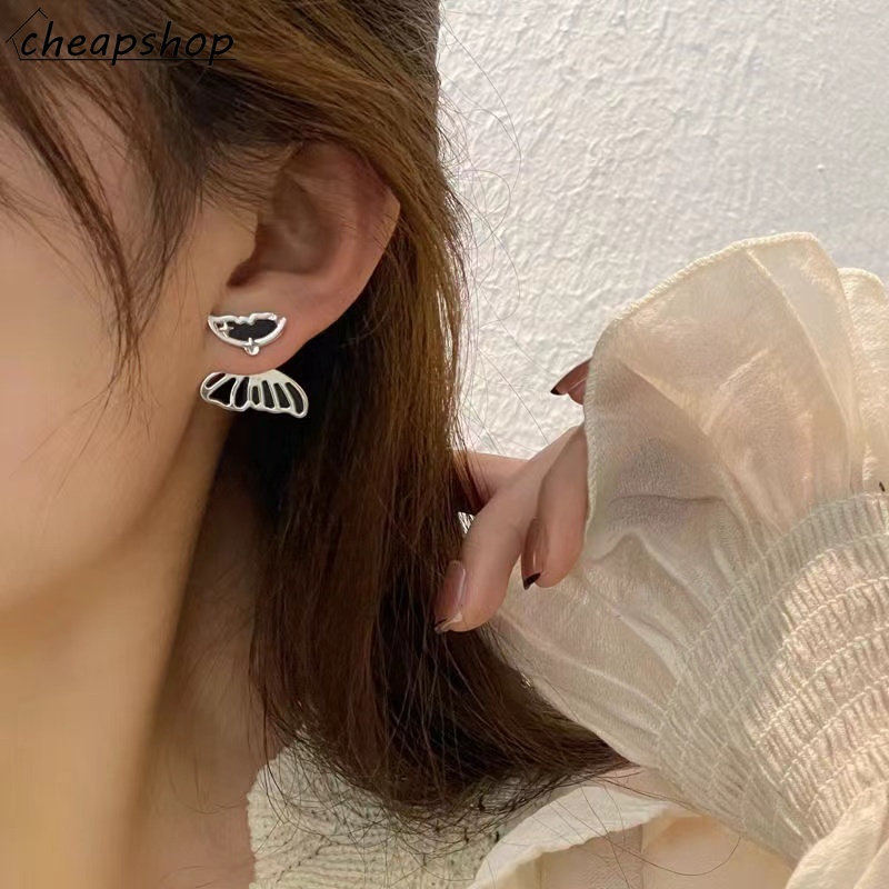 IFYOU Anting Stud Desain Sayap Kupu-Kupu Warna Silver Gaya Korea Untuk Wanita