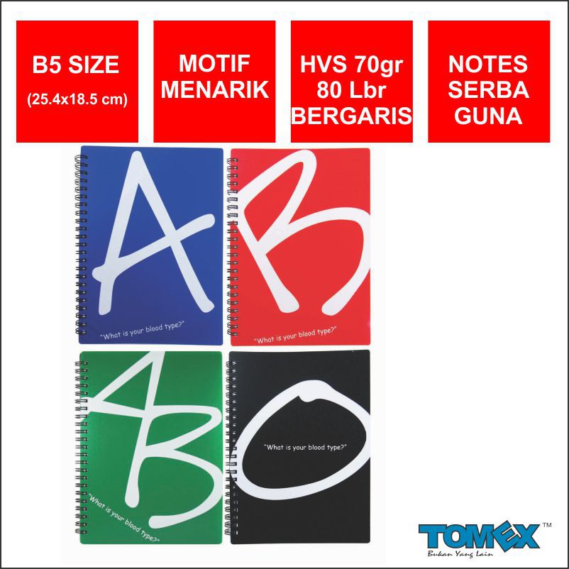 

Buku Tulis Spiral / Notebook Spiral / Notes Spiral / Spiral Notebook TOMEX Motif BLOOD TYPE A5 / B5