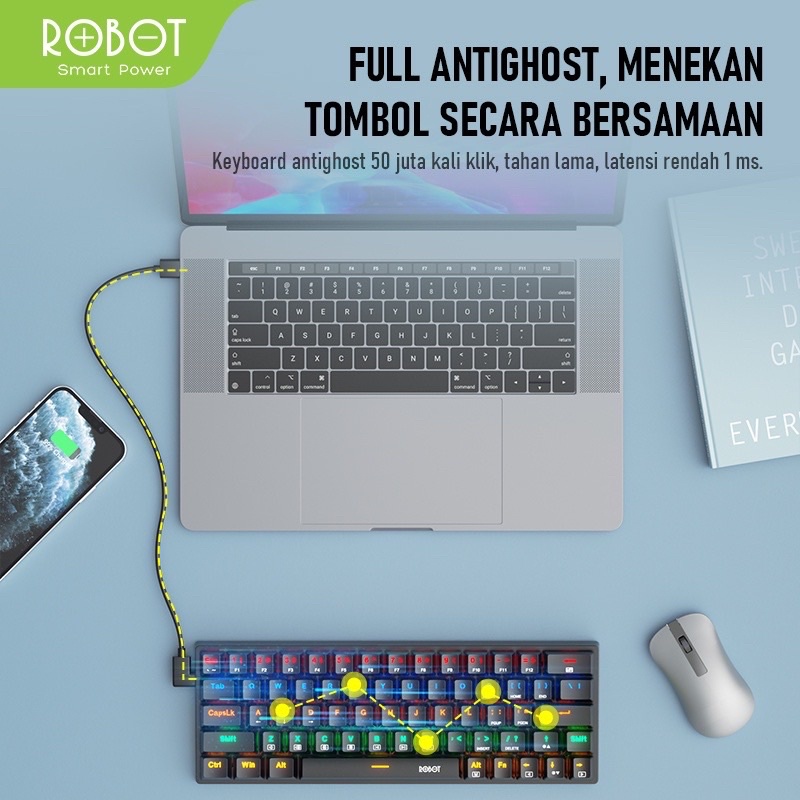 ROBOT KB20 Keyboard Wired Mechanical Blue Switch 63 Keys Rainbow Light / Keyboard Gaming Mekanikal FULL Anti Ghosting Port