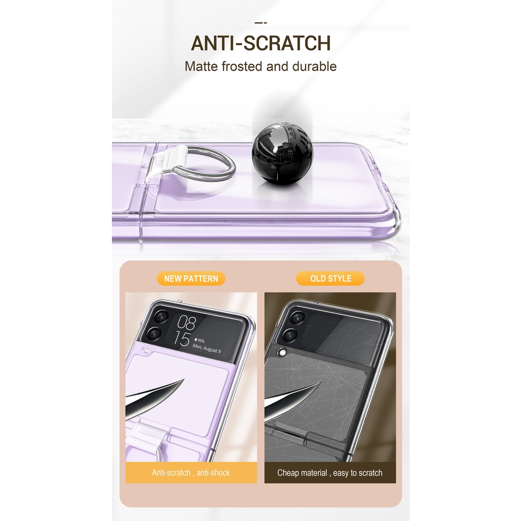 Casing Hard Case Bahan PVC Frosted Transparan Ultra Tipis Anti Jatuh Dengan Ring Holder Untuk Samsung Galaxy Z Flip 3