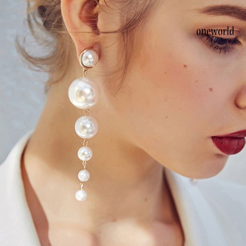 OW@ Fashion Women Long Faux Pearl Dangle Stud Earrings Statement Party Jewelry Gift