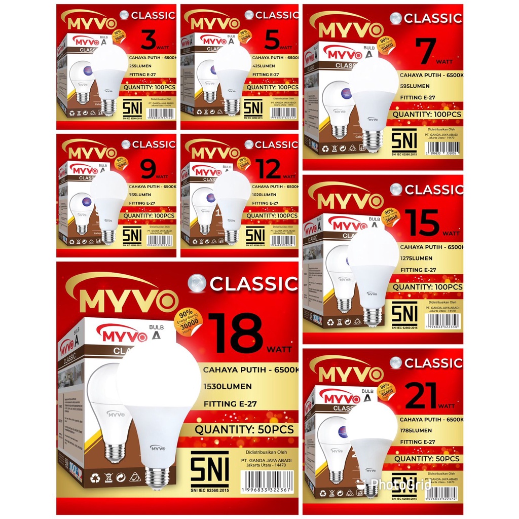 Lampu Led 7watt Myvo Classic A Bulb Cahaya Putih Bergaransi