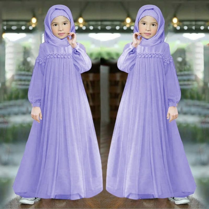 MAXY NURAINI KID ANAK, RENDA TILE, MOSCREPE PREMIUM, GAMIS HIJAB MUSLIM, DRESS, 3 UKURAN