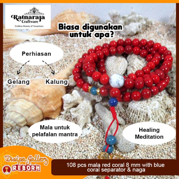 Tasbih / Mala Buddha 108 Red Coral 8 mm with Blue Coral &amp; Naga