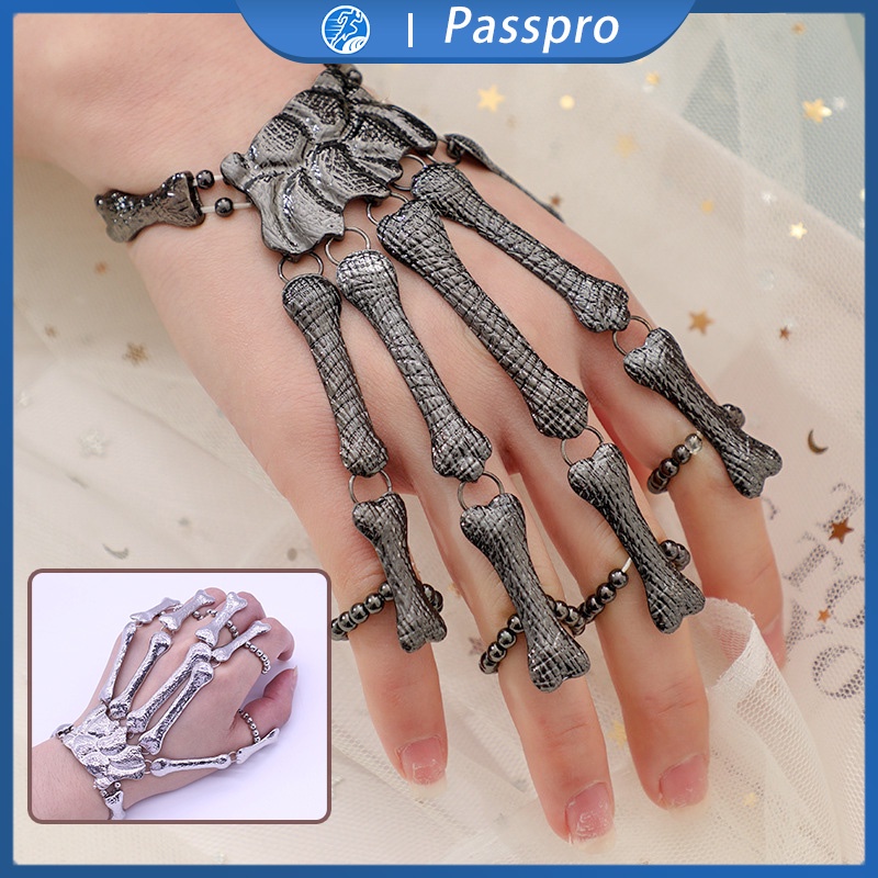 Punk Gothic Menghias Skeleton Skull Bone Hand Bangle Finger Ring Bracelet Jewelry Gift Halloween Aks