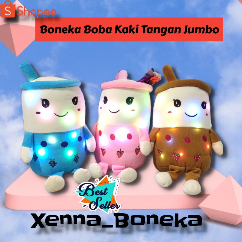 Boneka Boba Cangkir Milk Tea Kaki Tangan Jumbo LED, Bahan Velboa,Berlabel SNI