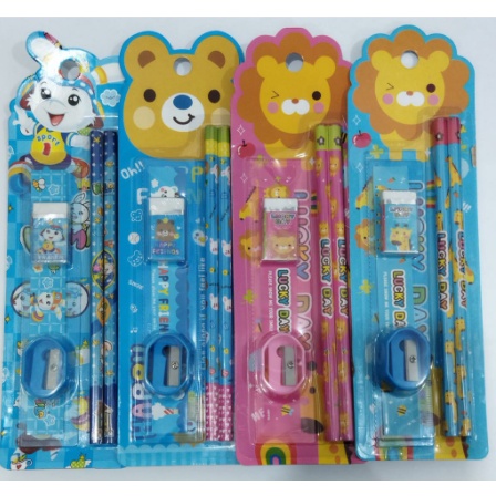 set alat tulis sekolah 5 in 1 karakter kartun lucu mini stationery