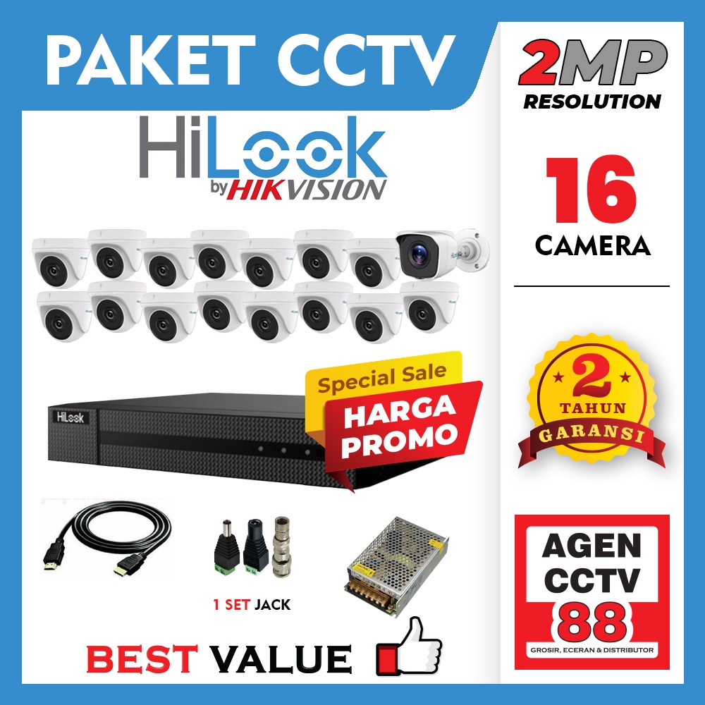 Paket 16 Kamera CCTV HILOOK Full HD 2MP DVR 8Ch +Kbl-HDMI+Kbl-Lan+Free 1Tas Batik