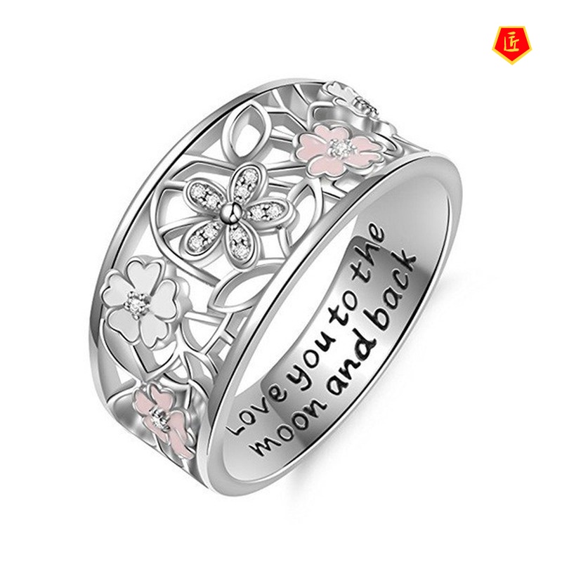 [Ready Stock]Creative Diamond Sakura Ring Engraved Letters Fashion Simple