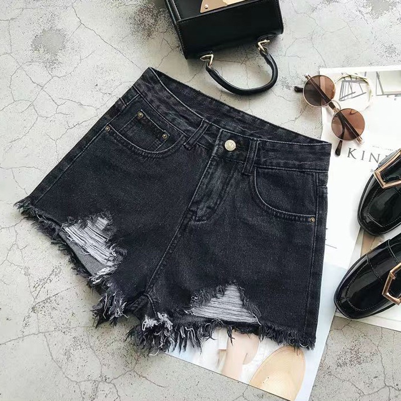 【Promo】Blue celana jeans pendek wanita hot pants jeans ripped kakinian dewasa high waist hitam santai cewek