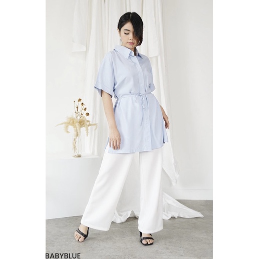 BABESWEAR -  oversize kemeja lengan pendek wanita panjang casual polos ada tali ikat giants basic gi