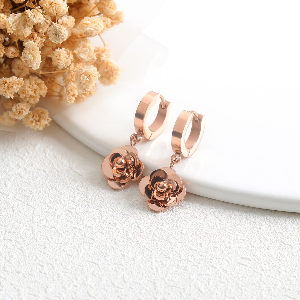 Anting Titanium Rose Gold Asli Wanita Fashion Anti Karat Murah AA042 motif bunga cakep feminim