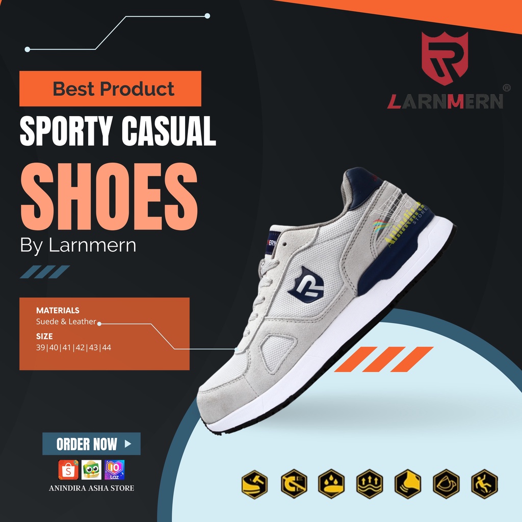 LARNMERN Sepatu Safety Sneakers Model Sporty Casual Anti Slip SRC/Grey