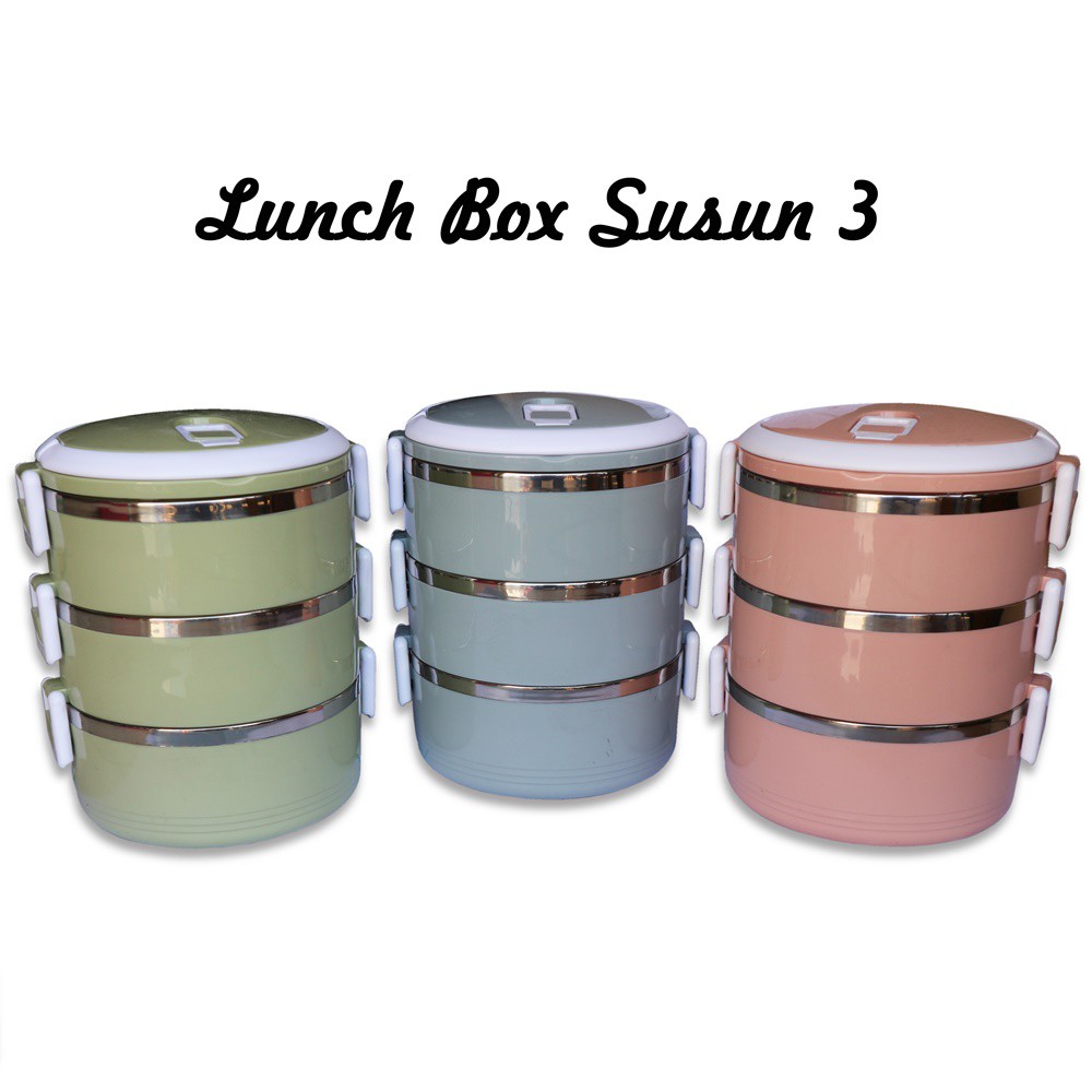 Lunch box Rantang bulat stainless steel susun 3 polos