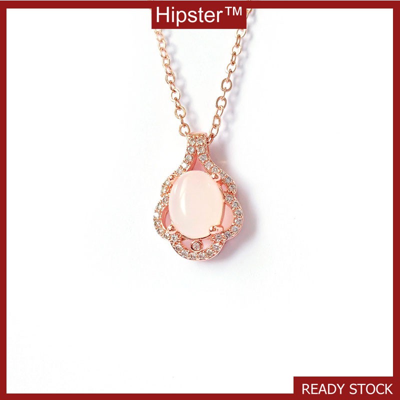 Elegance Retro Full Diamond Light Luxury Rose Gold Pink Crystal Hollow Pendant Necklace