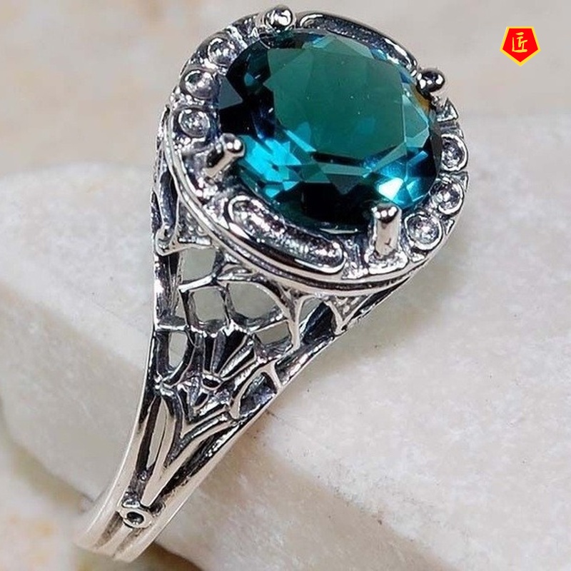 [Ready Stock]Green Topaz Gemstone Ring Retro Elegance