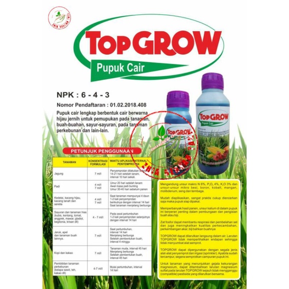 Top GROW NPK : 6-4-3 Pupuk Cair lengkap berbentuk cair berwarna hijau jernih untuk pemupukan pada ta
