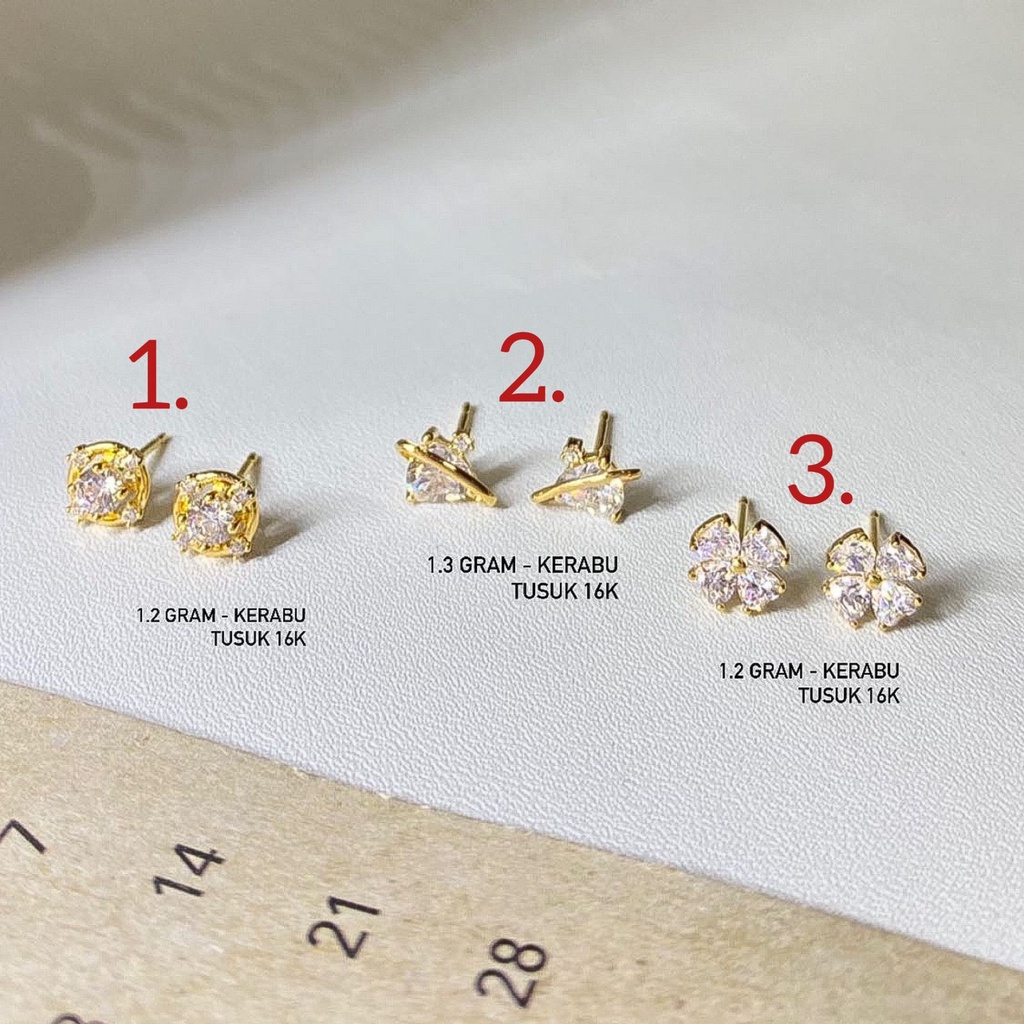 Anting duduk anak dan dewasa emas asli kadar 700 70 16k kerabu giwang tusuk paku clover kupu2 winter love heart hati permata like diamond ringan simple 1 2 3 satu dua tiga gram gr g