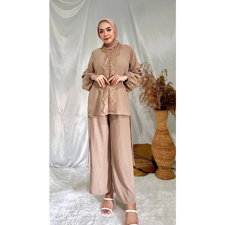 Gina Set Kondangan Celana Kulot Baju Pesta Polos Blouse Serut Atasan Brukat Oneset Crinkle Busui Friendly Setelan Muslim