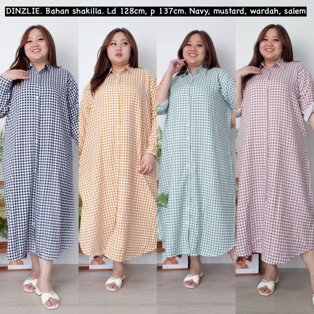 LONGDRESS LONG DRESS GAMIS KEMEJA PANJANG BAHAN SHAKILLA MOTIF KOTAK KOTAK2 BIGSIZE JUMBO