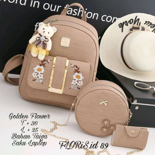 Fashion ransel KULIT PU LEATHER golden flower / fashion wanita / tas ransel murah batam