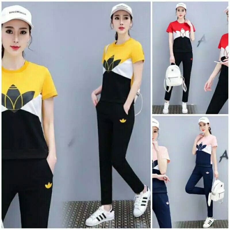 READY one set top + jogger setelan atasan kaos + celana panjang wanita sporty impor korea murah