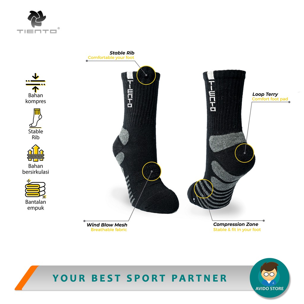 Tiento Compression Socks Typotype Black Kaos Kaki Olahraga Kaos Kaki Ketat Anti Bakteri Original