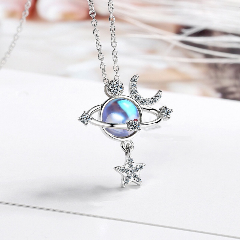 Kalung Rantai Klavikula 925 Silver Desain Bulan Bintang Planet Universe Aksen Zircon Untuk Wanita