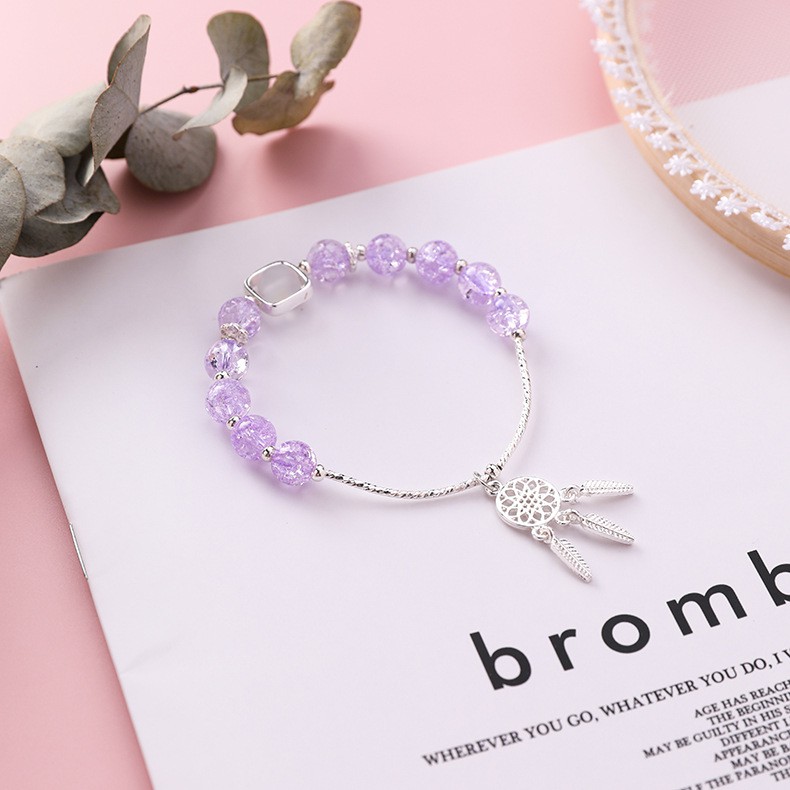 XiaoboACC Gelang Tangan Manik-manik Kristal Dreamcatcher Warna Pink Ala Korea untuk Wanita