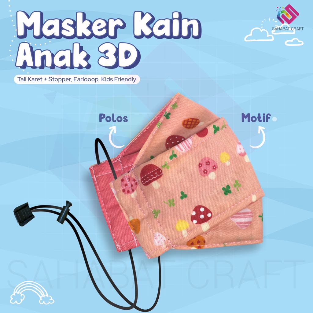 MASKER KAIN ANAK MOTIF 3D 2In1 (SISI MOTIF & POLOS) ADJUSTABLE STOPPER KALUNG HIJAB FRIENDLY