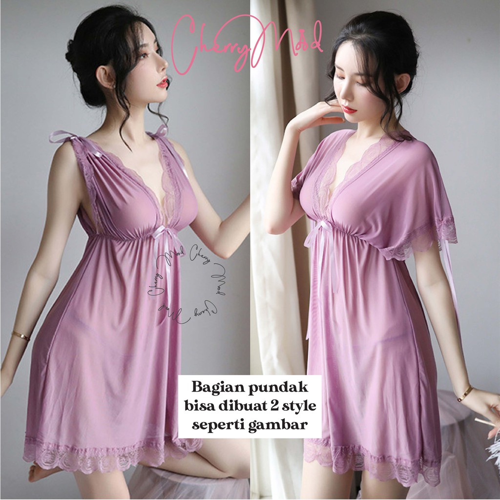 CAMELLIA Lingerie Sexy V-Neck Renda Pita 2 Style Baju Wanita Jumbo Transparant Fashion Import Baju Dinas Depan Suami Sleepwear G-string Termurah Baju Malam Pertama Terbaru Pakaian Dalaman Wanita-3