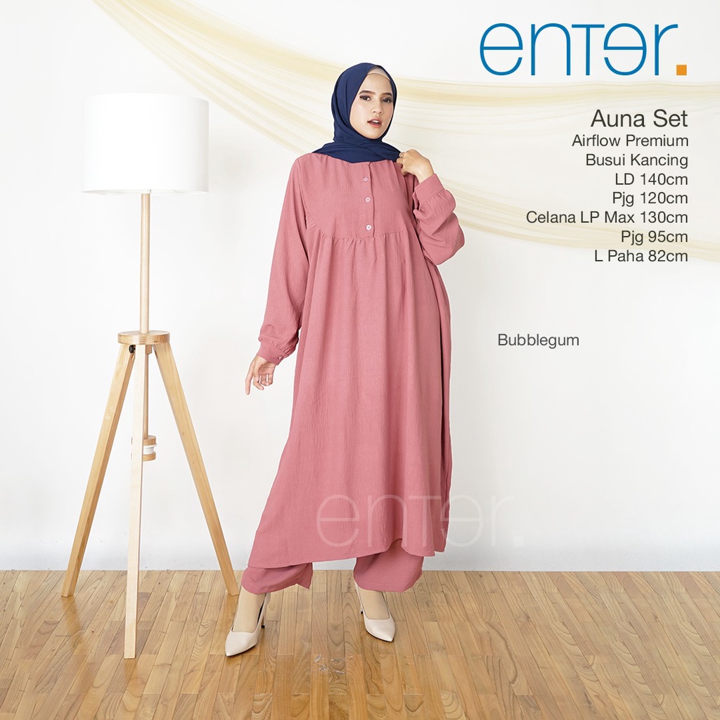 Enter Auna Set Stelan Wanita Kekinian One Set Crinkle Airflow Baju Setelan Jumbo LD 140 Setcel Long Tunik Busui-2