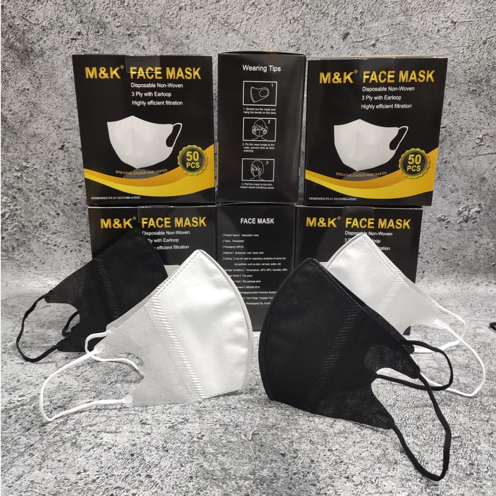 PER BOX 50 PC - MASKER DUCKBILL 3PLY M&amp;K MK FACE MASK KEMENKES HITAM / PUTIH - BLACK / WHITE