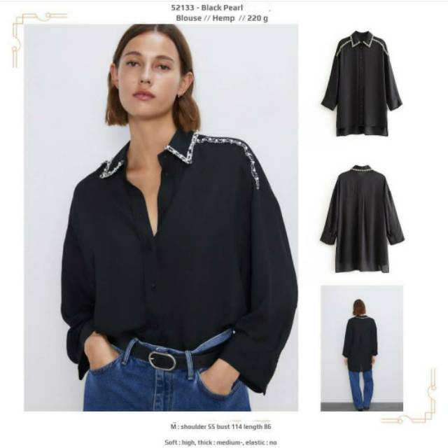 Tunik jumbo hitam manik-manik mutiara lengan panjang