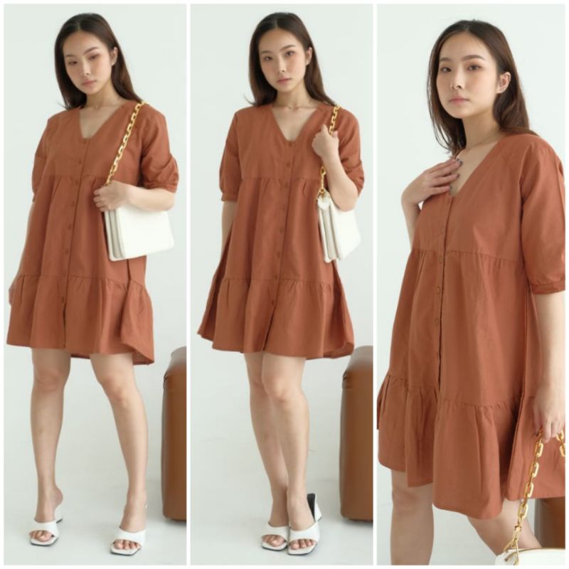 ♡ PREMIUM ♡ ORIGINAL ! MIRRANDA V-NECK BUTTON LAYER MINI DRESS  ( BUSUI FRIENDLY )