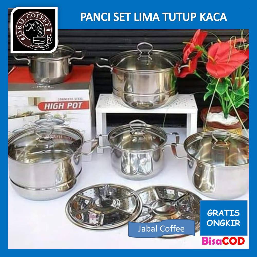 Panci Isi 5 Set Stainless Steel / Panci Haight Pot Tutup Kaca Dan Sarangan