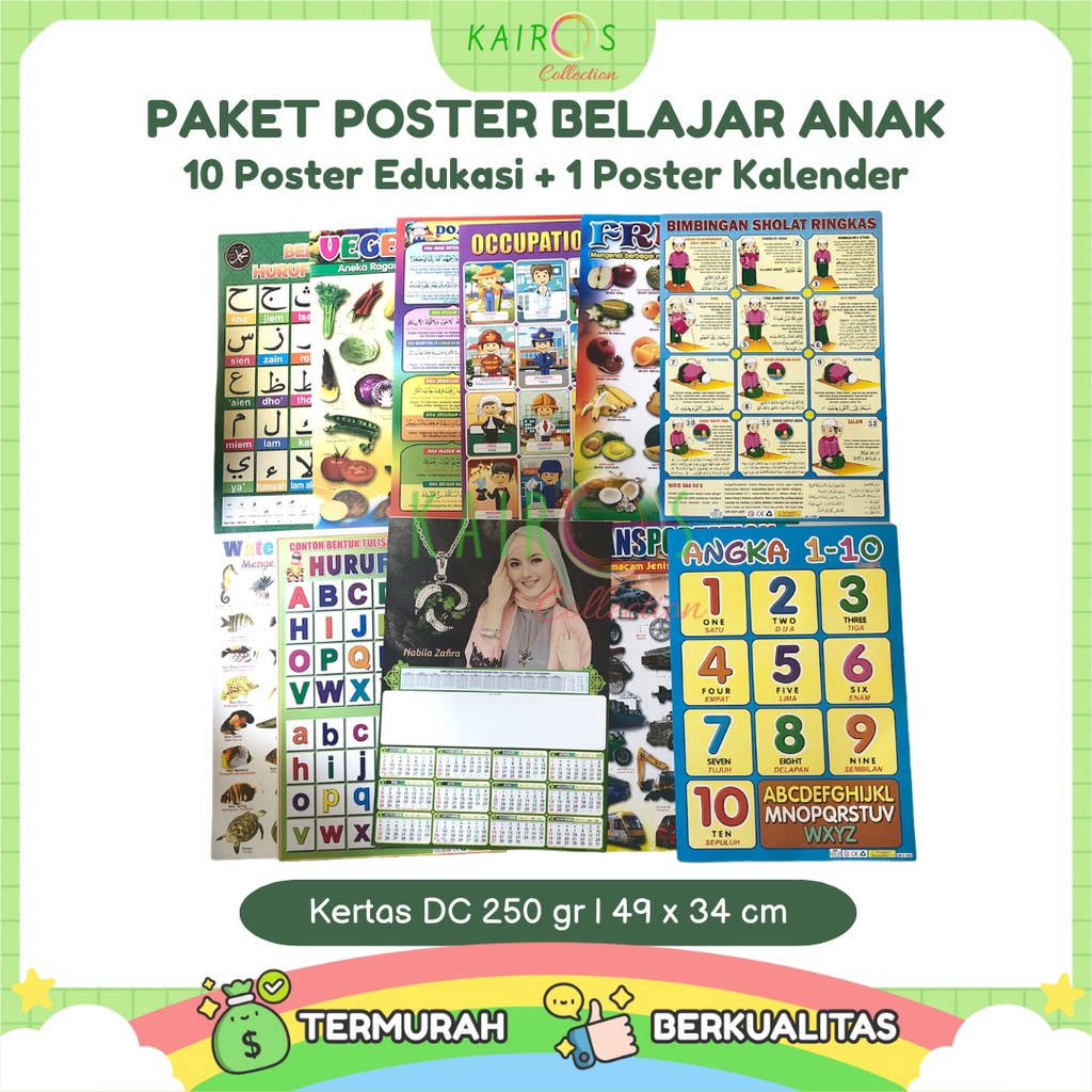 Paket 11 Poster Dinding Anak Belajar Abjad, Buah, Angka, Hewan (Bonus 1 Poster Kalender 2022)