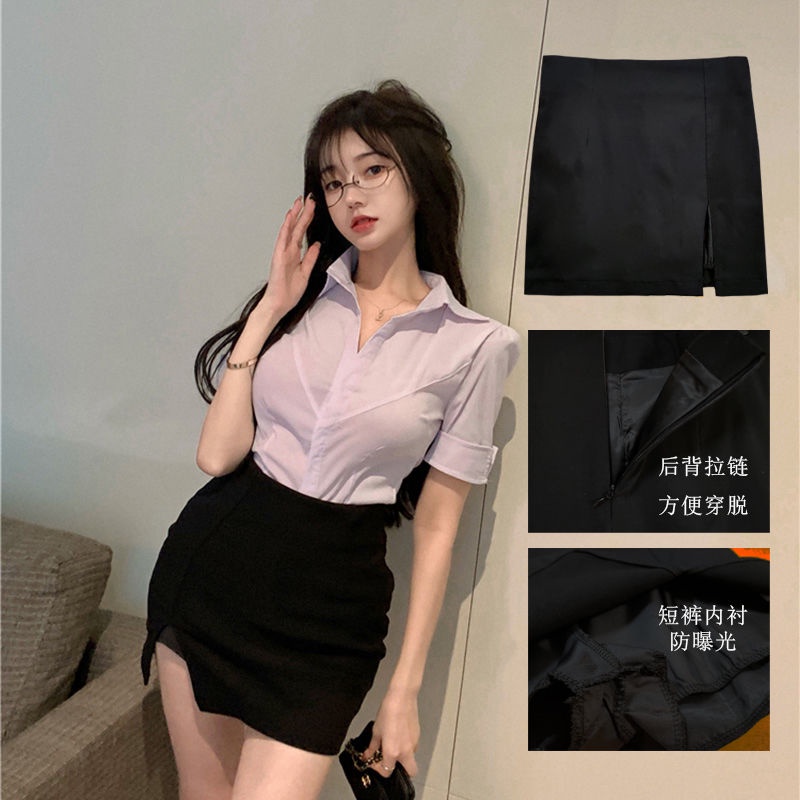 Putih Slim Ketat V-Leher Berpotongan Rendah Kemeja Seksi Wanita Musim Panas Ol Seragam Pakaian Profesional Kemeja Putih Lengan Pendek Overall