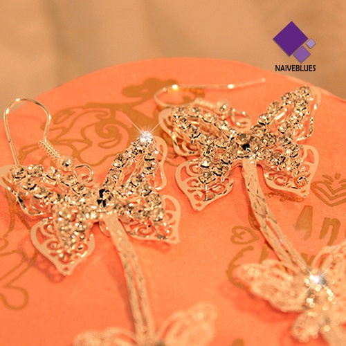 Anting Kait Panjang Double Layer Bentuk Butterfly Aksen Berlian Imitasi Untuk Wanita