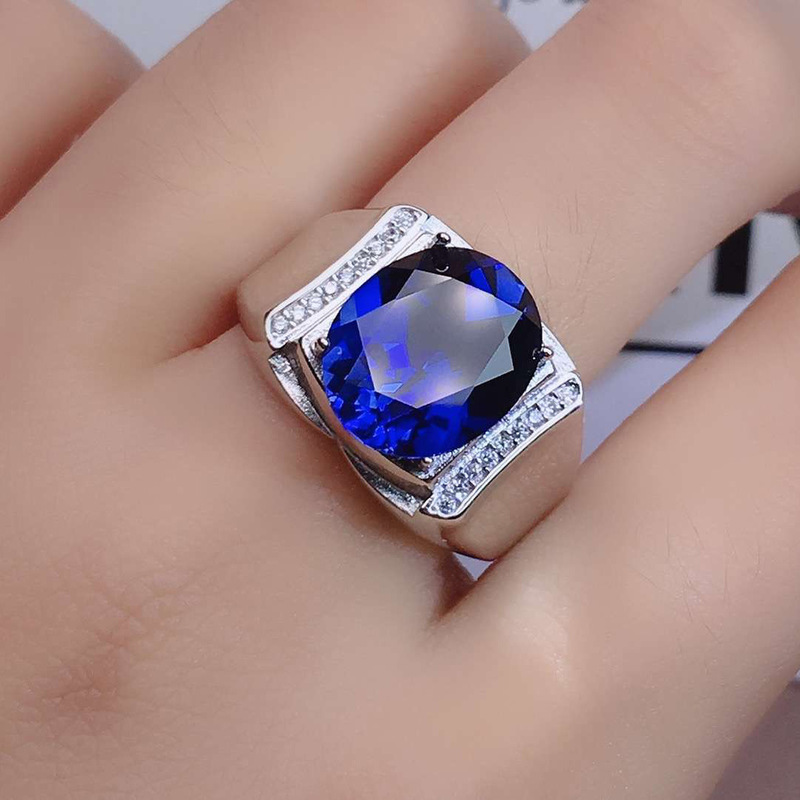 Cincin Pasangan Berlian Baja Titanium Safir Perak Pria Wanita Fashion Pernikahan Kristal Biru Couple Rings