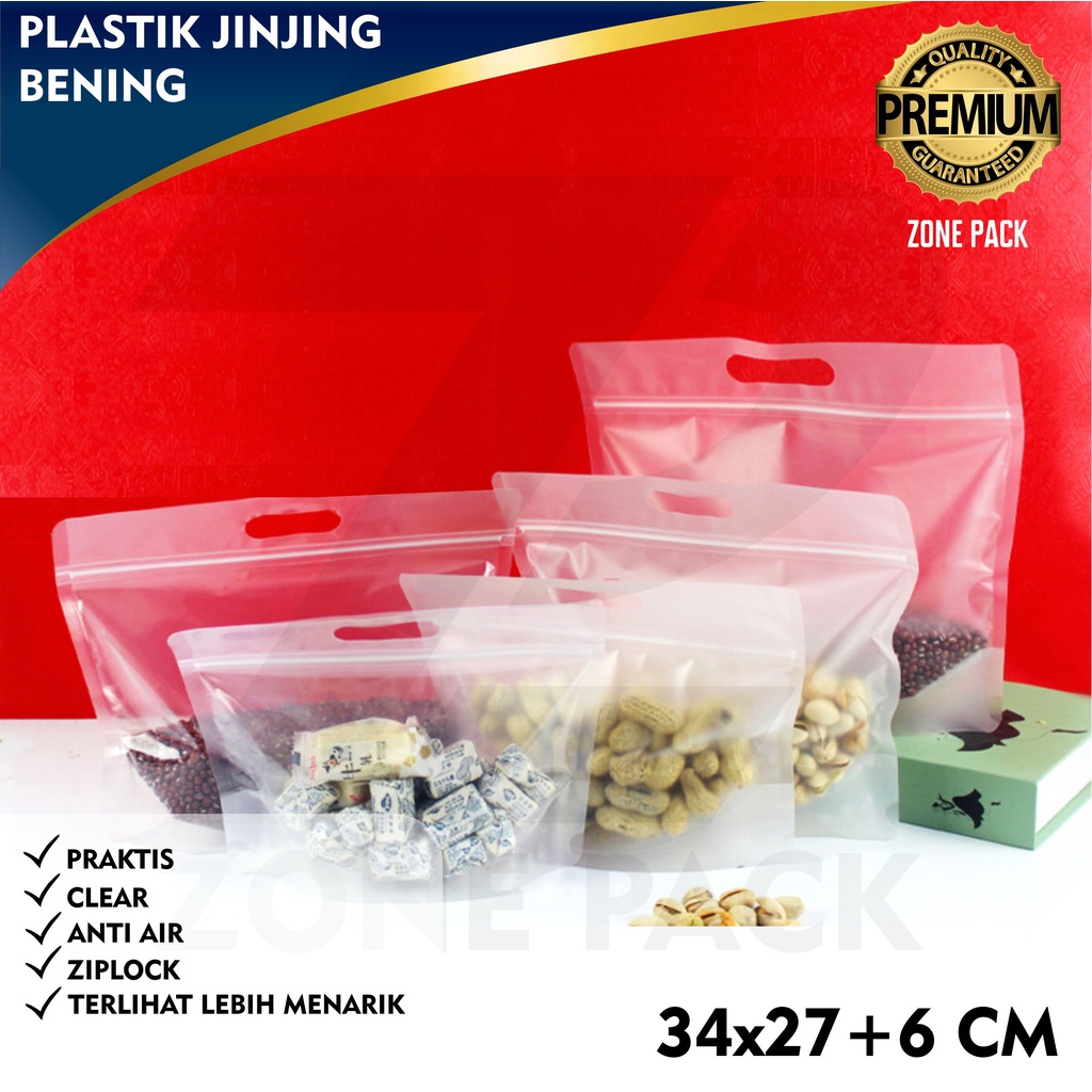 Plastik Jinjing Bening 34x27 cm | Pouch Bening | Plastik Bening Jinjing Dengan Pegangan dan Ziplock 