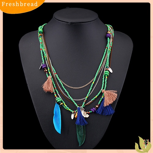 [TERLARIS]Women's Boho Ethnic Style Feathers Tassels Beads Multi-layer Chain Necklace