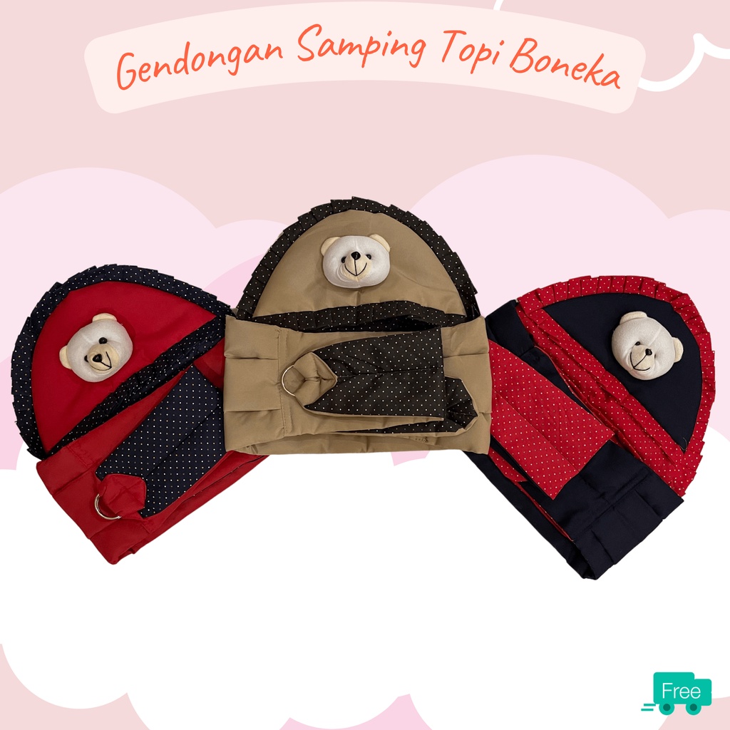 Gendongan bayi samping topi boneka polkadot