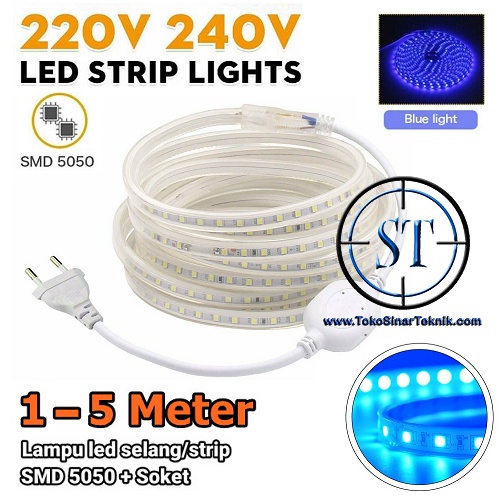 Lampu Led Strip Selang BLUE SMD 5050 Panjang 1-5 Meter In Ac 220V Warna Biru Cocok Indoor - Outdoor Lampu Hias Taman Plafon Rumah Waterproof