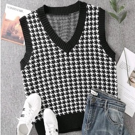 pojoksweater.id - Korean Vest Houndstooth V Neck Kualitas Terbaik