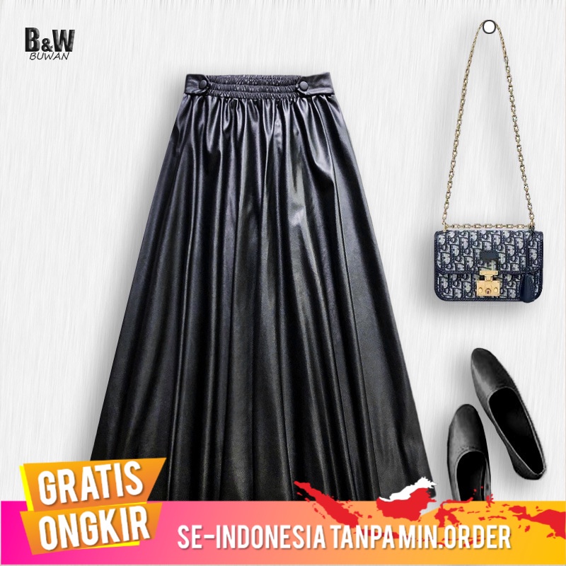 Rok Wanita PU Kulit Rok 2021    Korea Pelangsing A-Line Rok High Waist Panjang Lebih dari-lutut Besa