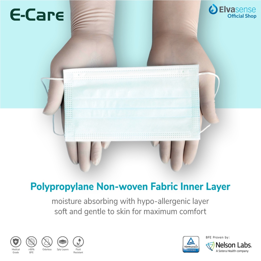 Masker Medis 3Ply (Earloop) E-Care 30pcs, BFE 99% by Nelson Labs.