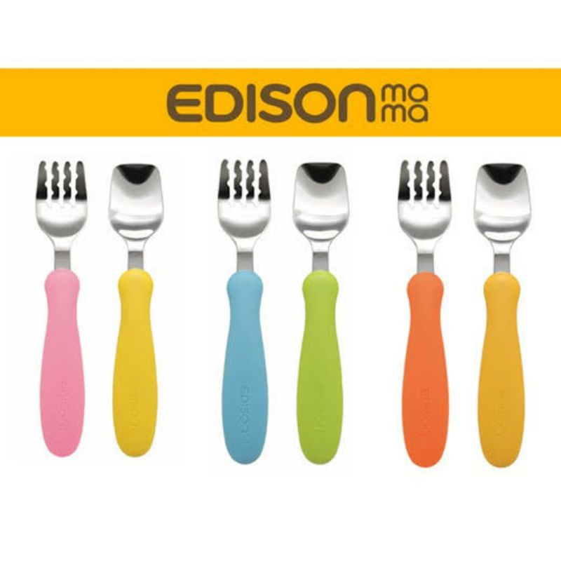 ori original edison mama edisonmama spoon fork set baby toddler alat makan sendok garpu anak bayi balita batita training produk jepang made in japan stainless