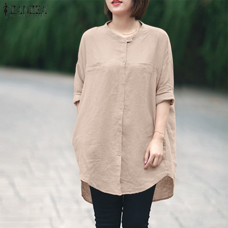 ZANZEA Women Fashion Retro Blouse Plain Crew Neck Full Sleeve Casual Loose Daily Travel Cotton Shirt