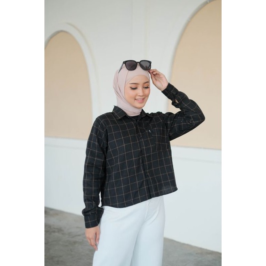 4s Grosir Solo || Kemeja Crop Top Wanita Flannel Lengan Panjang Kotak Hitam